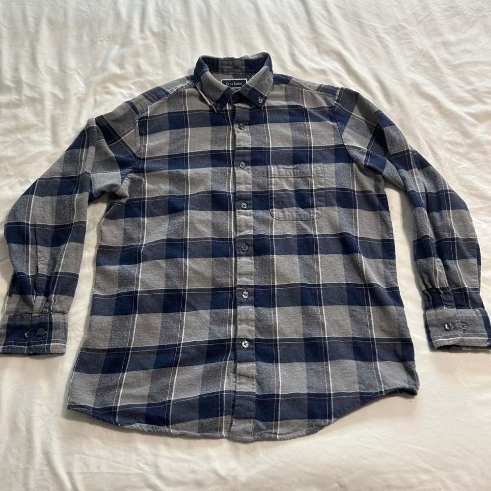 Club Room Mens Flannel Shirt Medium Blue Grey Plaid Long Sleeve Button Down